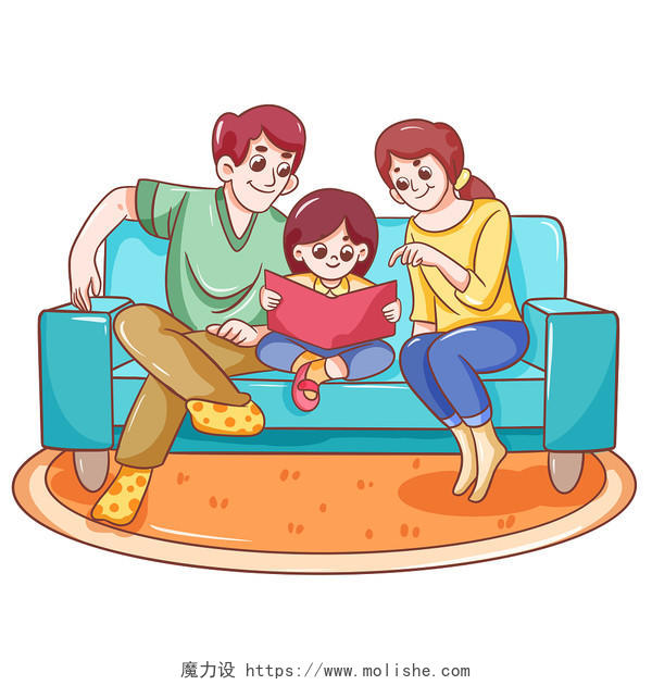 卡通家庭生活家庭教育看书学习一家三口插画素材png